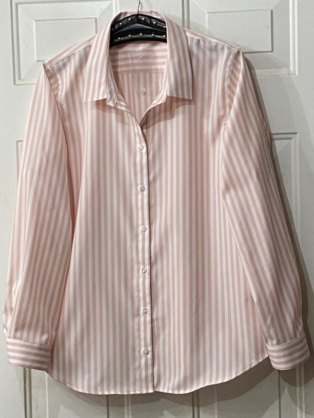 NEW Coldwater Creek No-Iron Sz 16 Blouse  Shirt Long Sleeve White/Pink Stripe